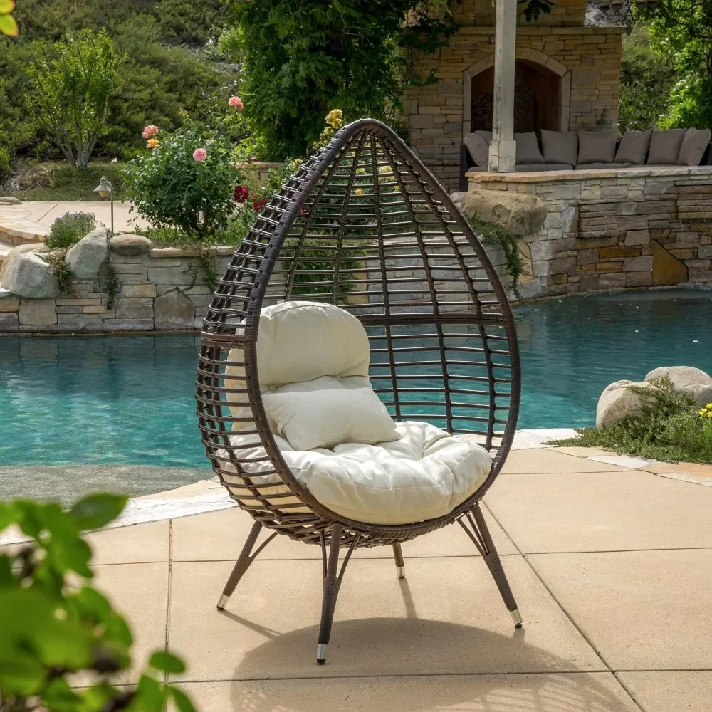 

Beach Chair, Metal Framework Wicker with Cushion Beaches Chairs, 32.75"D x 39"W x 59.75"H, Brown, Beige