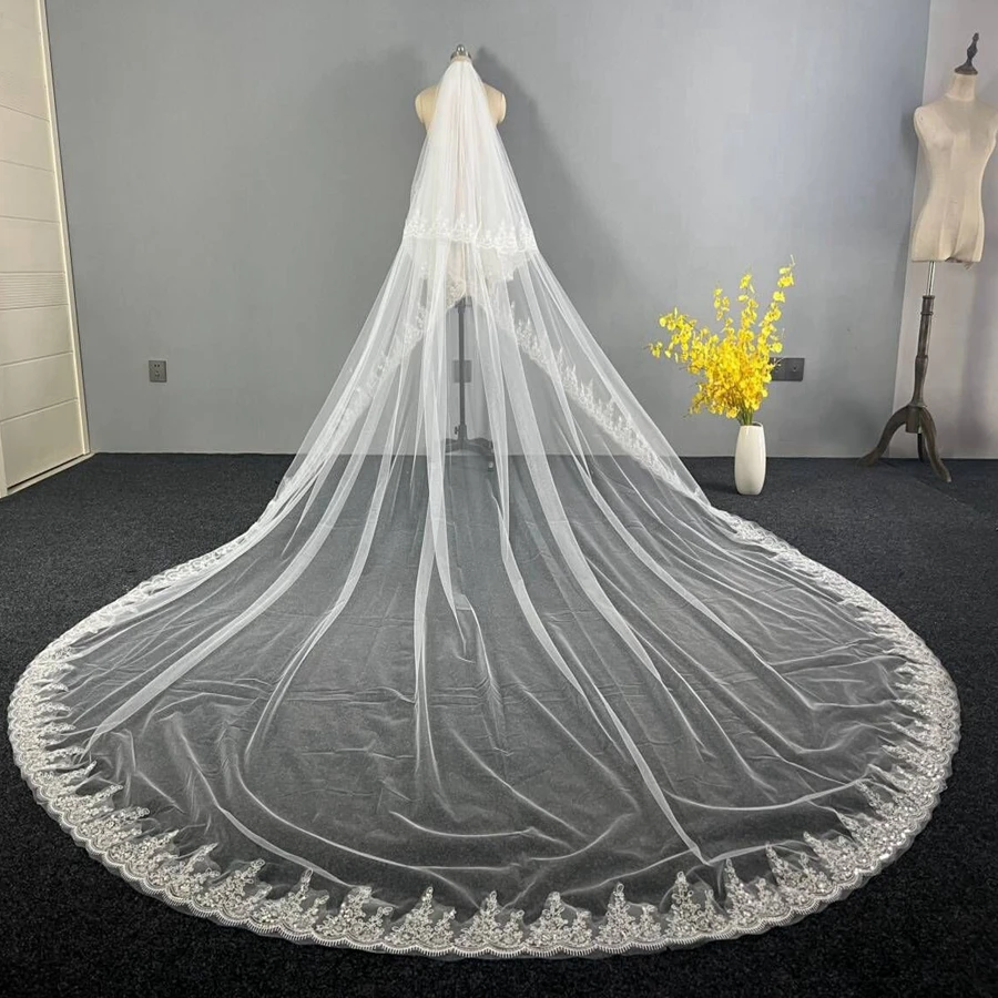 

New Arrival Two Layers White Ivory Cathedral Wedding veils Lace Appliques Bride wedding accessories Boda velo de novia