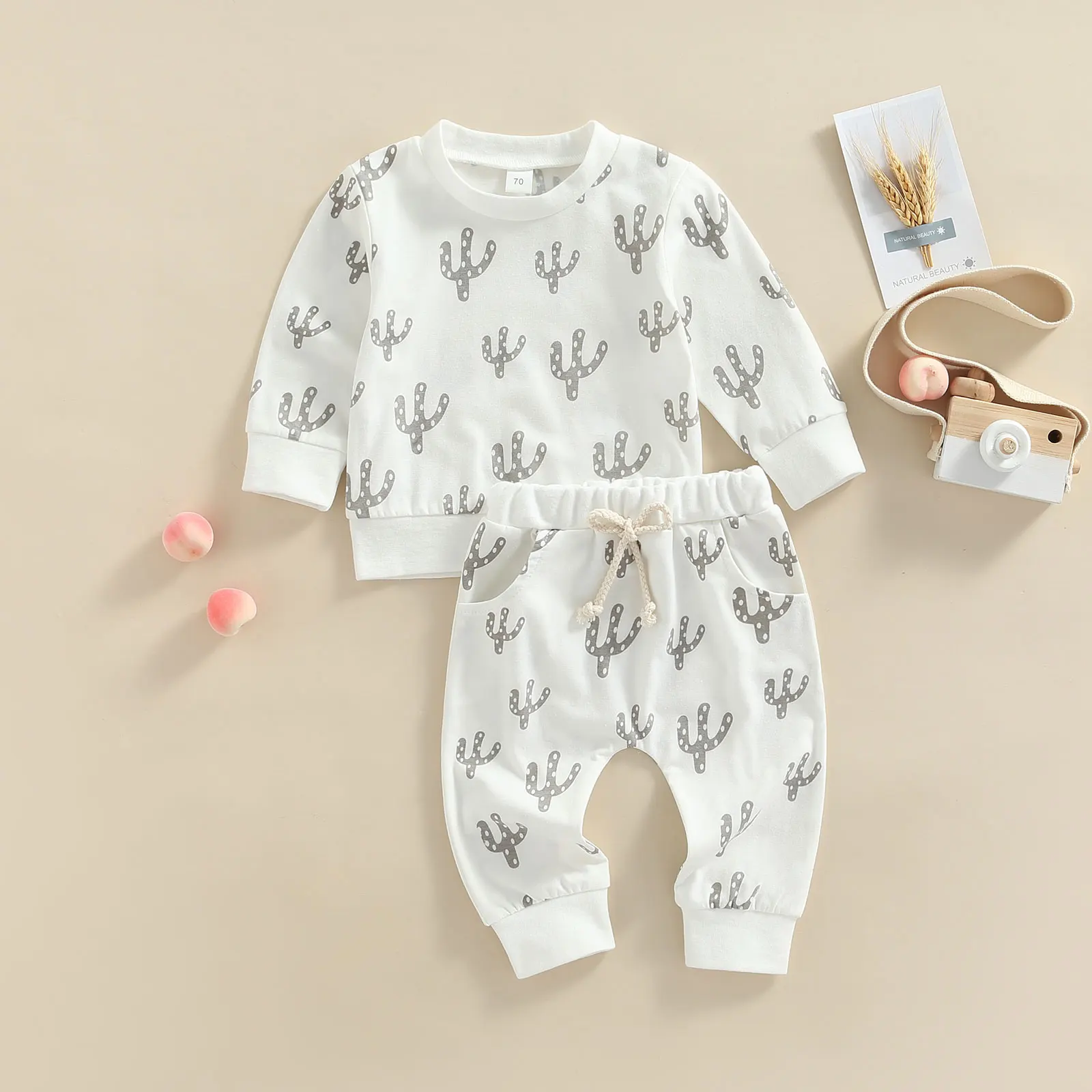 0-3Years Toddler Baby Boy Girl Suit Set Cactus Print Round Neck Long Sleeve Tops Long Pants for Spring