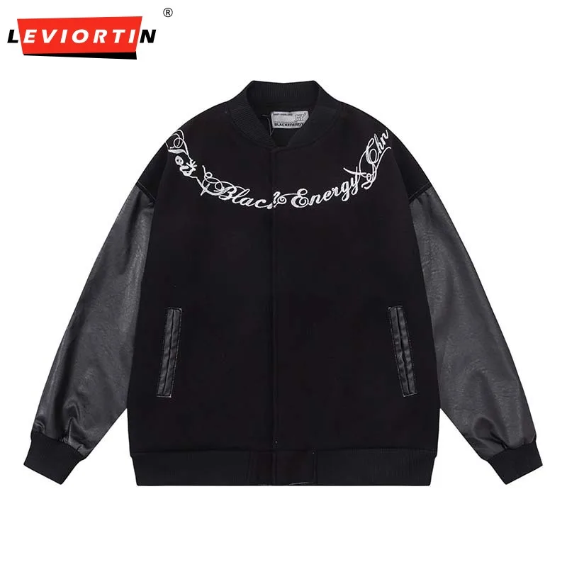

Hip Hop Embroidery PU Leather Jacket Mens Amekaji Single Breasted Stand Collar Long Sleeve Baseball Outerwear Men