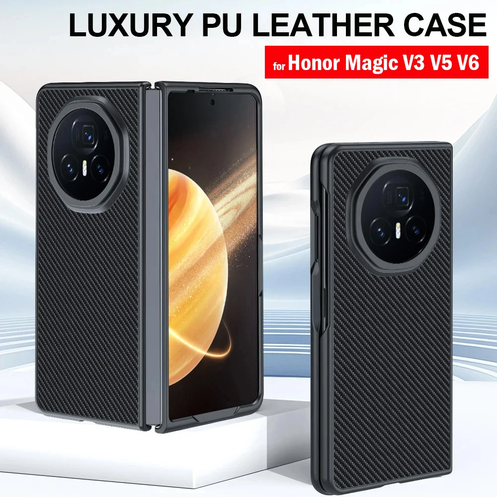 Luxury Carbon Fiber Texture PU-Leather Protective Phone Case for Honor Magic V3 - Shockproof Design