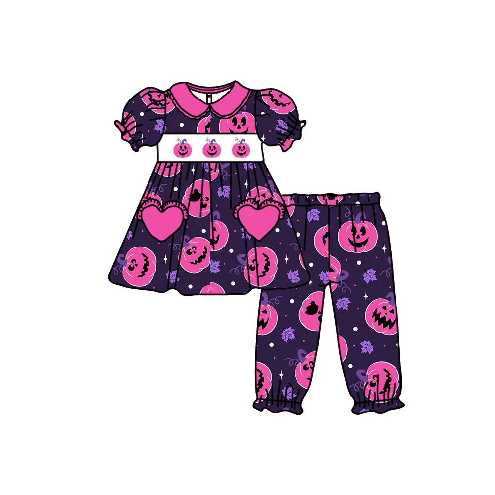 New Halloween smocking children boutique clothes Pumpkin Ghost Outfits smocked baby girl dress set