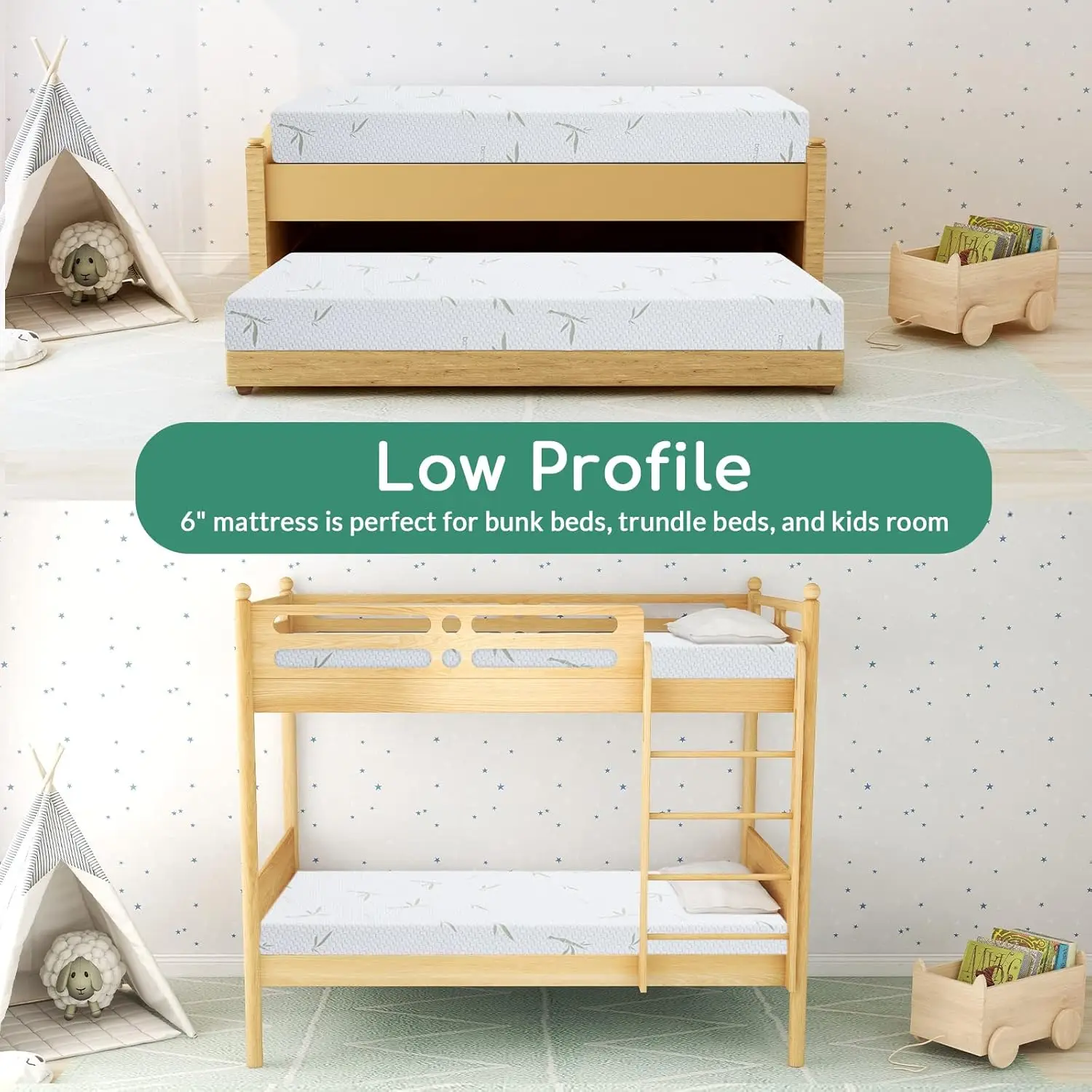 Full Mattress, 6 Inch Memory Foam Mattress in a Box for Kids with Breathable Bamboo Cover, Medium Firm Green, Trundle Bed, Certi