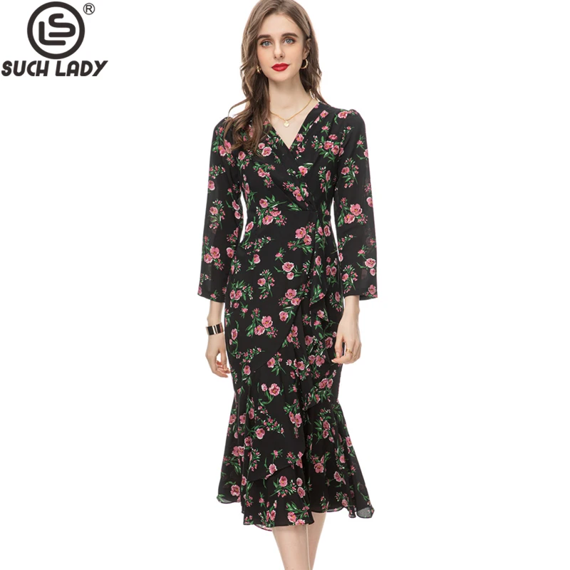 

Women's Runway Dresses V Neck Long Sleeves Printed Floral High Street Fashion Mermaid Party Prom Vestidos