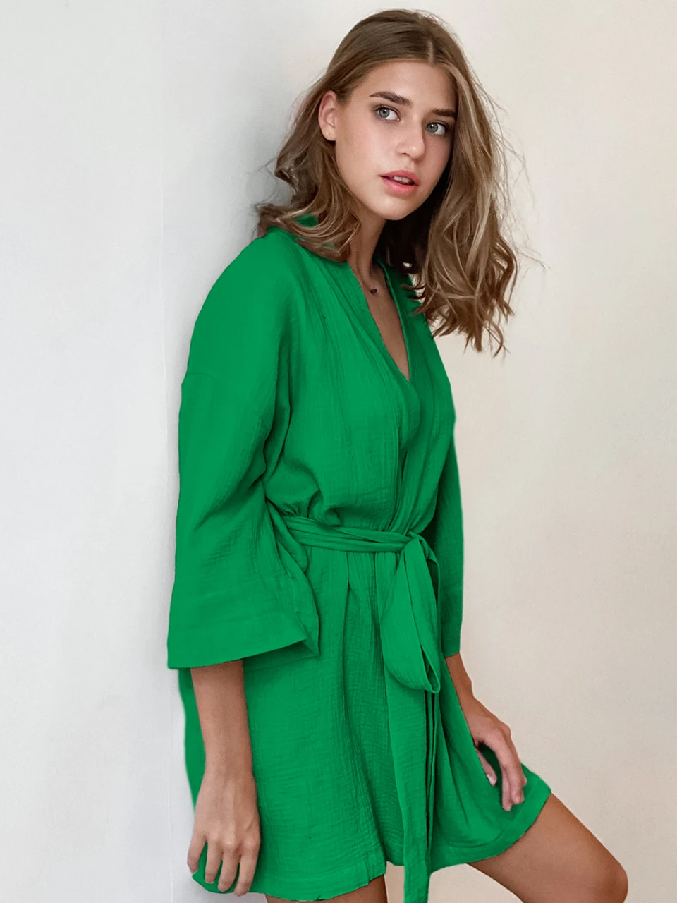Crape Cotton Robe Women\'s Nightwear Mini Bathrobes Lace Up Sleepwear Muslin Women\'S Home Clothes Solid Color Robes Women Nightie