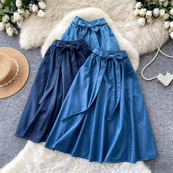 Jupe longue en jean élastique taille haute pour femme KAROFI avec ceinture et poches, coupe évasée, décontractée, pour le quotidien, modèle 9922