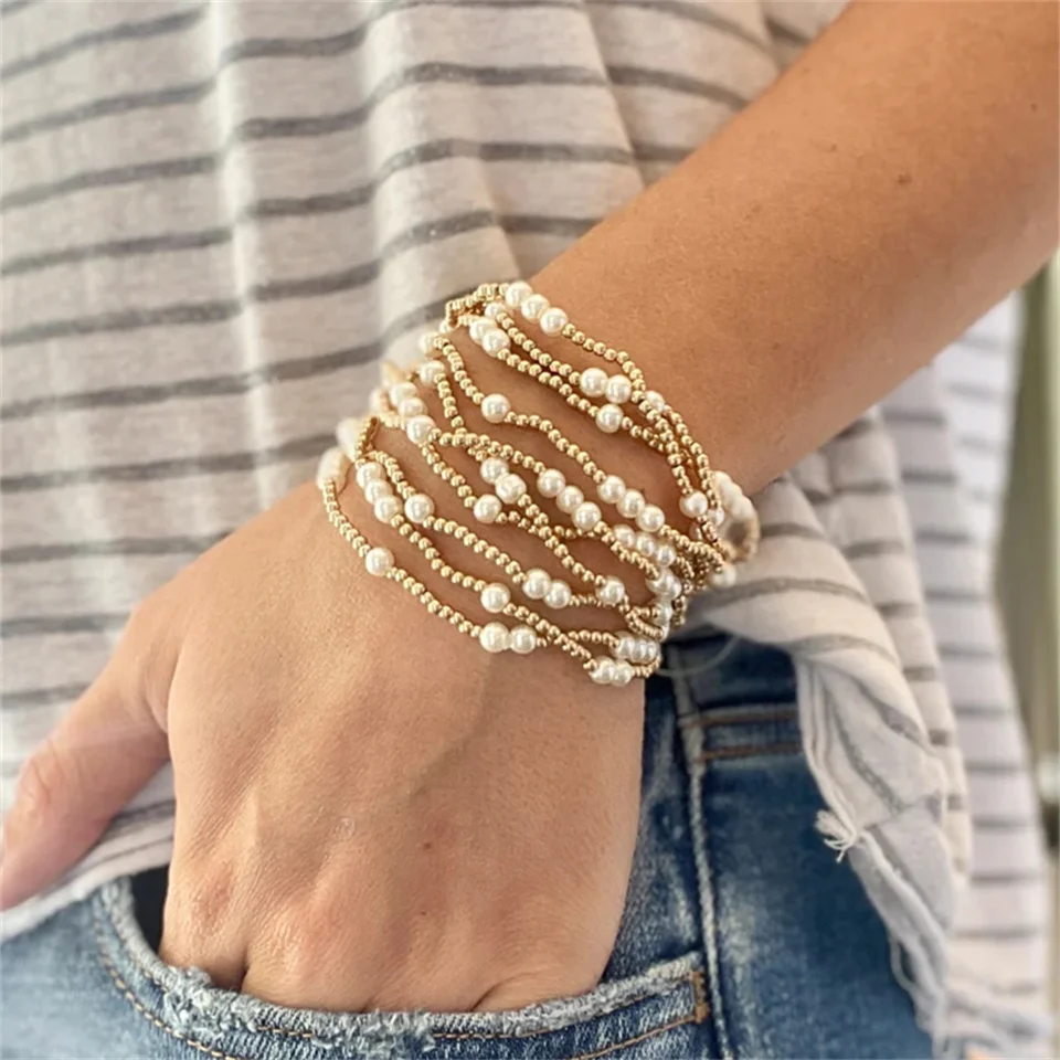Bracciale alla moda con piccole perle rotonde a doppio strato Braccialetti a mano da donna Catena color oro Gioielli semplici con bracciale a sfera femminile  36