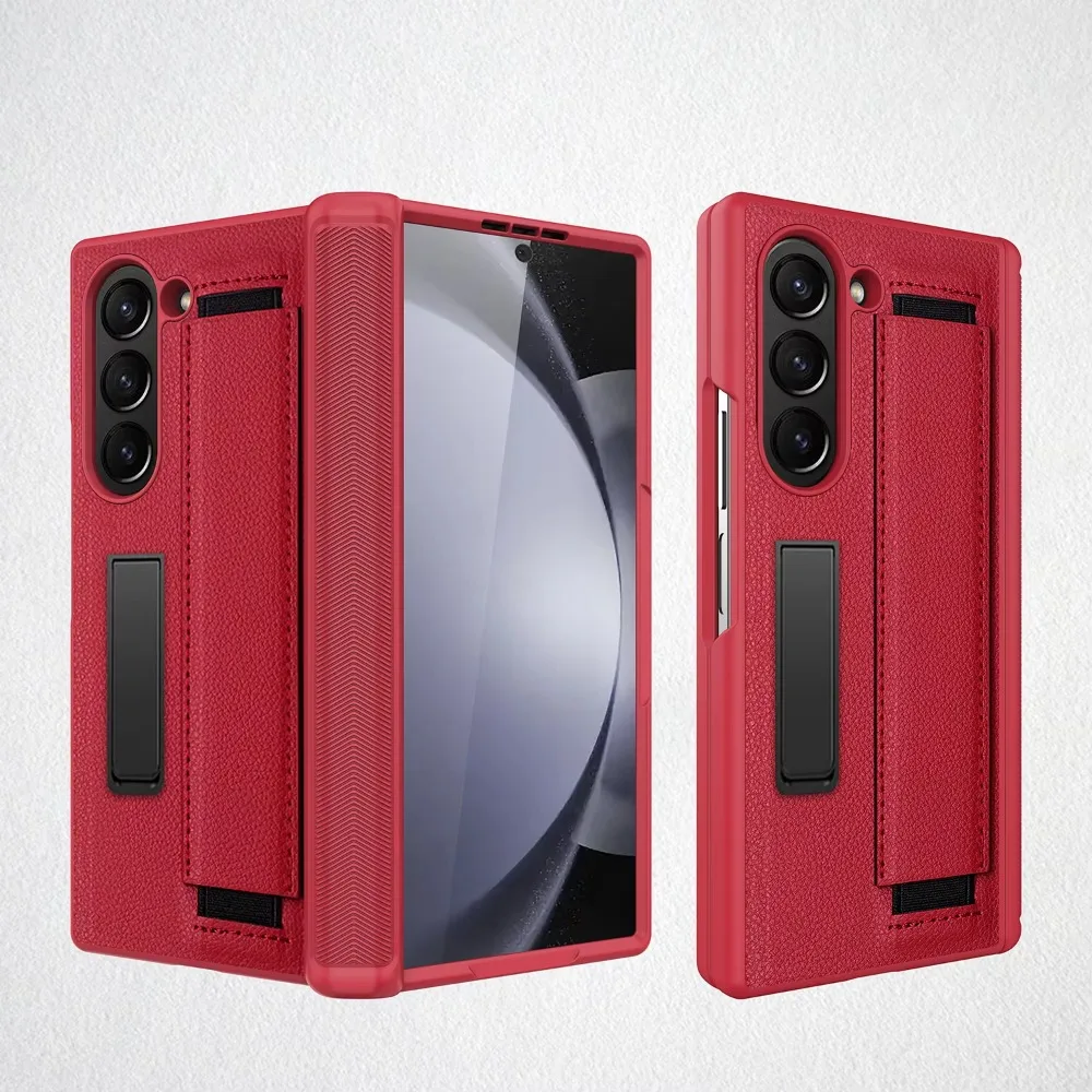 Full Coverage Hinge Protective Kickstand Leather Wristband Phone Case with Screen Protector