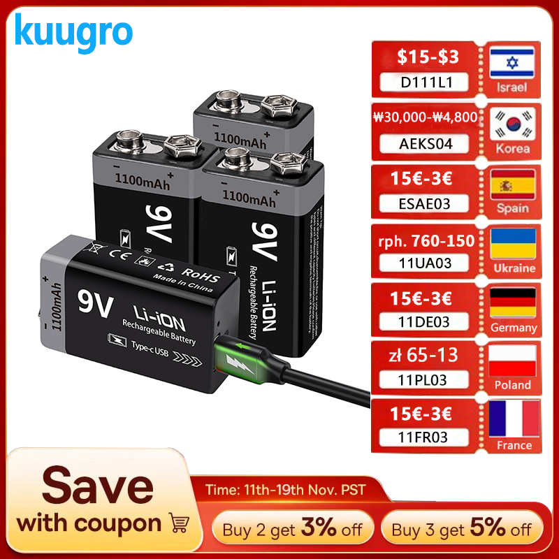 kuugro USB 9V Rechargeable Battery 1100mAh  Type-C Rechargeable 6F22 9V Li-ion Battery for RC Helicopeter Model Multimeter Toy