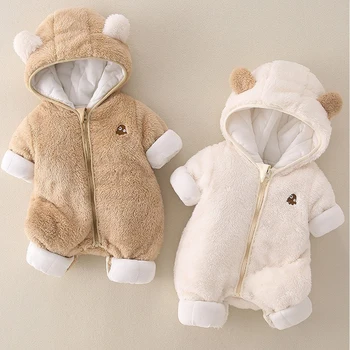 بذلة AYNIGIELL النسخة الكورية للأطفال من القطيفة، بذلة سميكة ودافئة بغطاء للرأس، ملابس خارجية قطنية من عمر 0 إلى 18 شهرًا