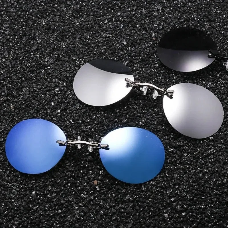 Round Rimless Clip-On Vintage UV400 Sunglasses