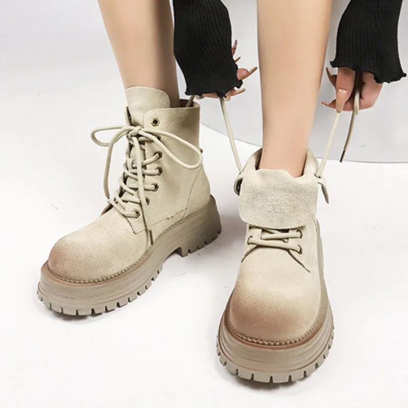 Autumn Winter Retro Fashion Platform Women's Boots Designer Luxury Leather Shoes Female Casual Solid Color Motorcycle Boots