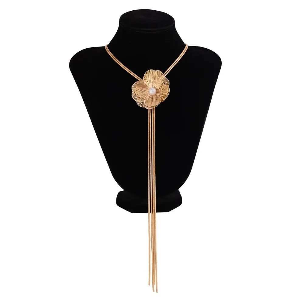 Trendy Long Tassels Chest Chain Pearl 3D Flower Pendants Necklace Sweater Chain For Women