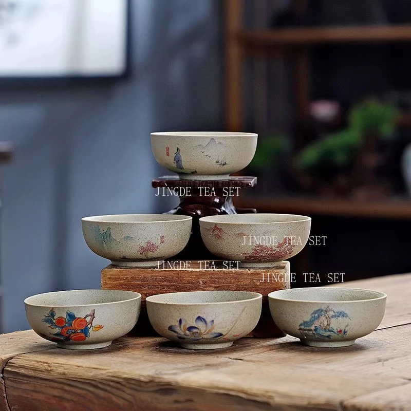 6pcs Kung Fu Little Tea Cup Household Ceramic Purple Clay Tea Bowl Chinese Coarse Pottery Conical Hat Tea Cup Teaset Accessories