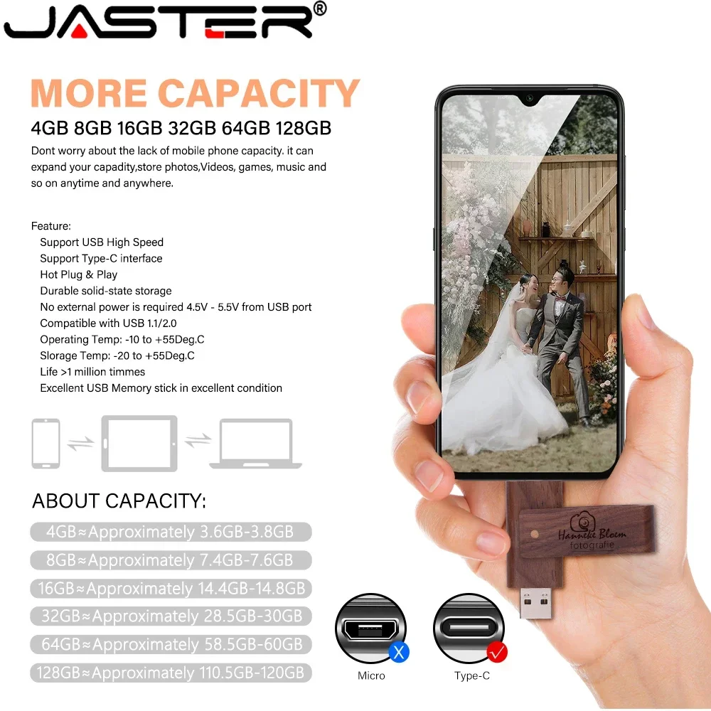 Disco u Capacidade Real 128gb Usb Tipo-c Caneta em 64gb 32gb 16gb Cartão de Memória Rotativo Madeira Maple 10 Pcs por Lote - Imagem 5