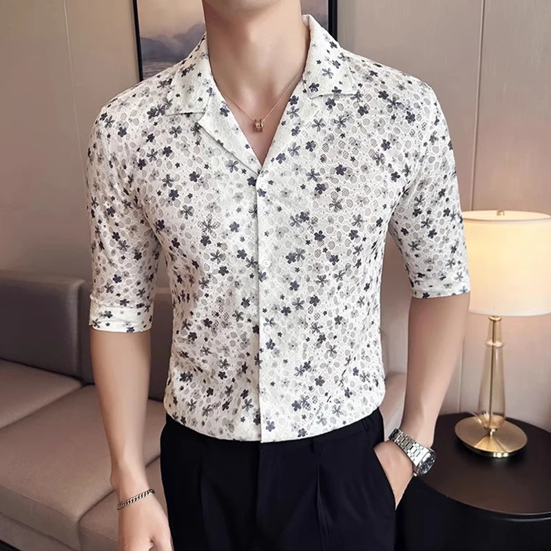 

Summer Flower Printed Hollow Out Mesh Shirts for Men Sexy Short Sleeve V Neck Lace Men's Floral Shirt Nightclub Party Blouse Man