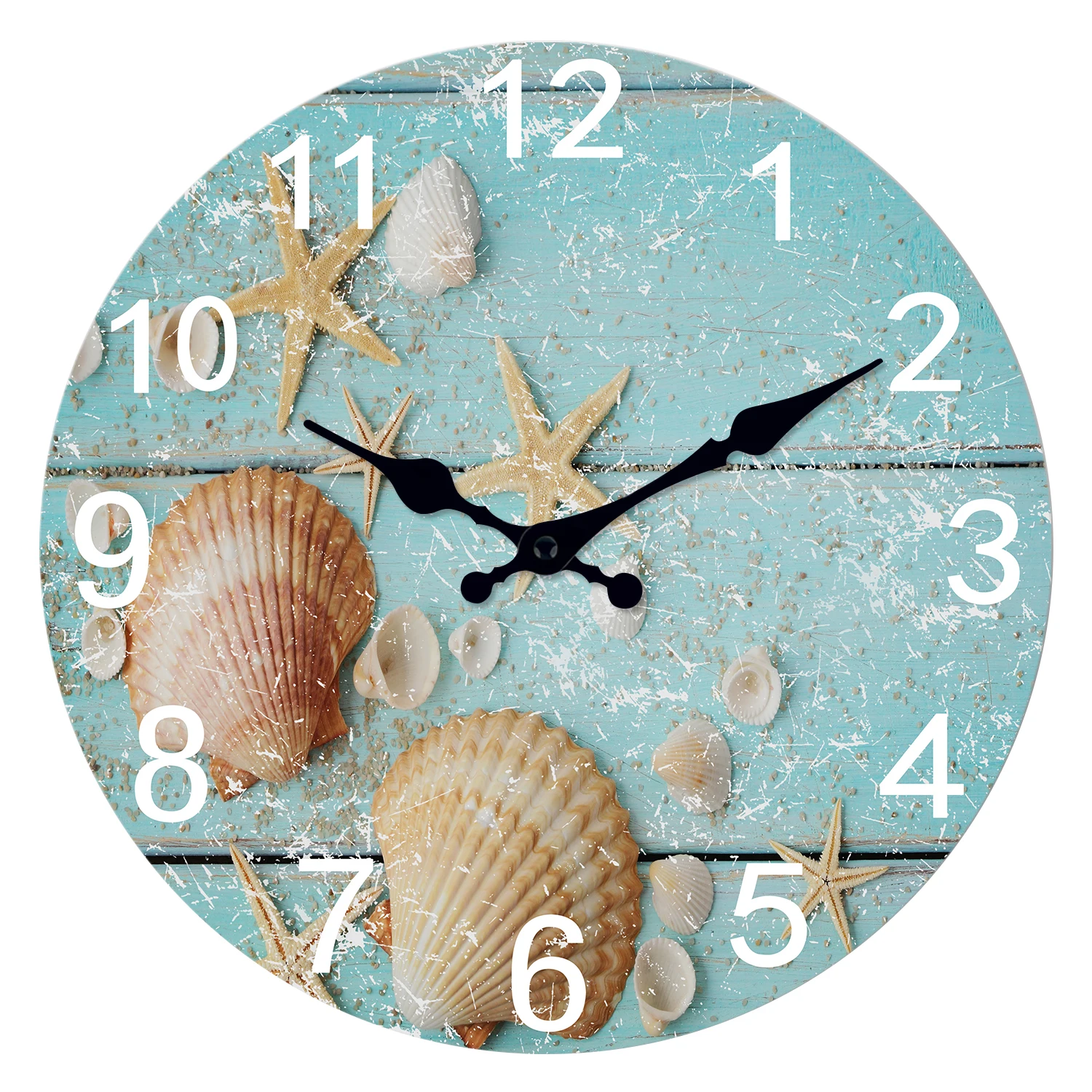 Horloge murale bleue en coquillages d'étoile de mer de plage, sans tic-tac, pour fille et garçon, chambre à coucher, salle de bains, cuisine, salon, bureau, horloge ronde