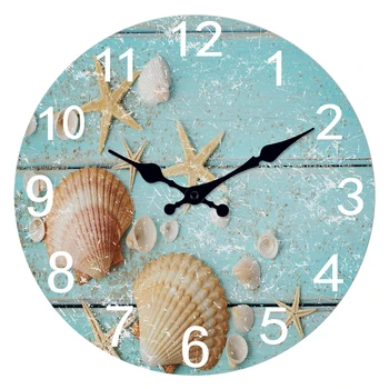 Beach Sea Starfish Conchiglie Orologi da parete blu Non ticchettio per ragazza Ragazzo Camera da letto Bagno Cucina Soggiorno Ufficio Orologio rotondo 1