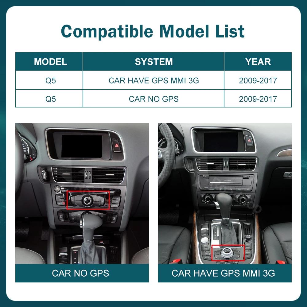 RoadTop 12,3 pulgadas inalámbrico CarPlay Multimedia pantalla ultrafina Android Auto para Audi Q5 2009-2017 función Airplay Autolink 2