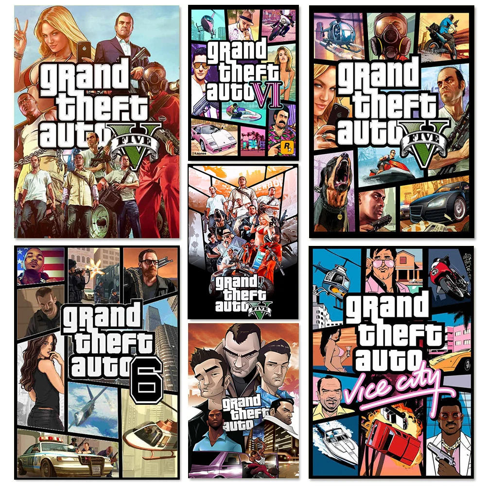 Игровой постер GTA 5 6 Grand Theft для автомобильной игры, постер с ...