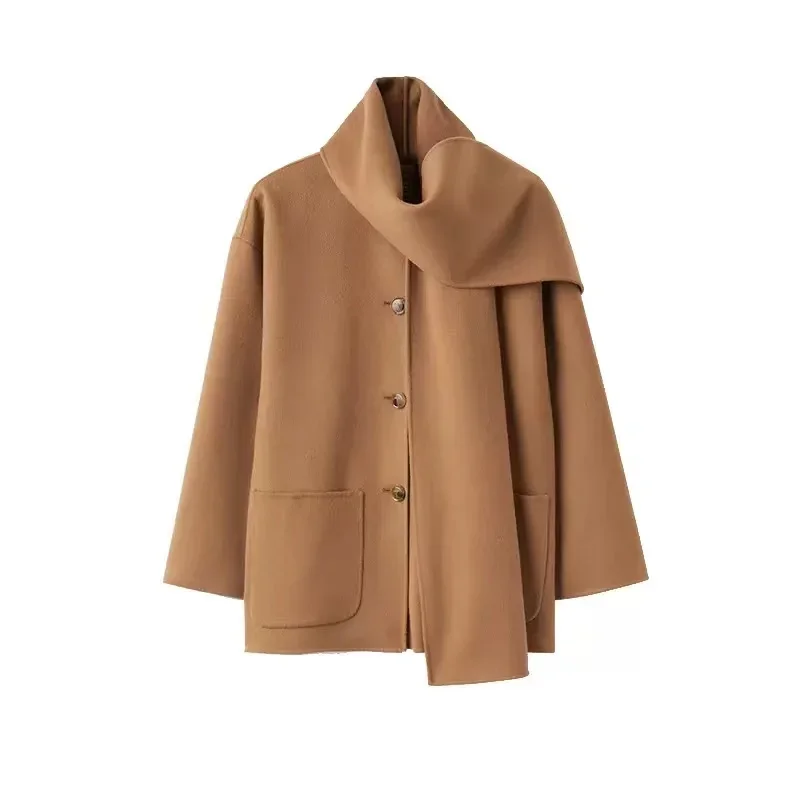 Nordic minority tote scarf collar integrated wool coat women's long sleeve wool jacket loose short coat