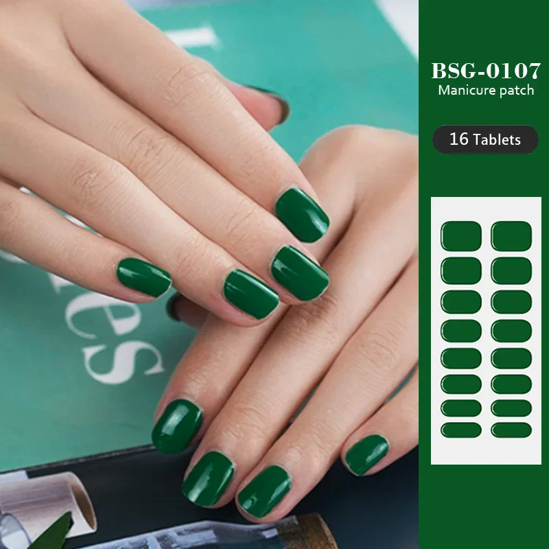 

16 Strips Solid Color Semi-cured Gel Nail Stickers Nail Charms Green Long Lasting Full Cover Nail Tips Nail Decals UV Lamp Need