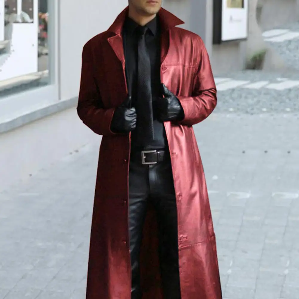 Trench Coat Casual Men Jacket Men Faux Leather Jacket Stylish Men's Faux Leather Trench Coat With Turn-down Collar Windproof Design Slim Fit