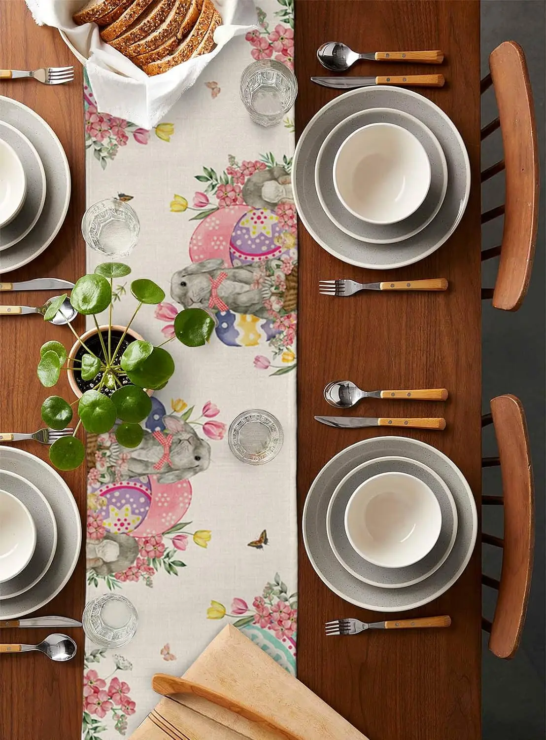 Bunny Eggs Flower Tulip Easter Linen Table Runners Dresser Scarf Table Decor Washable Kitchen Dining Coffee Table Runners Decor 3