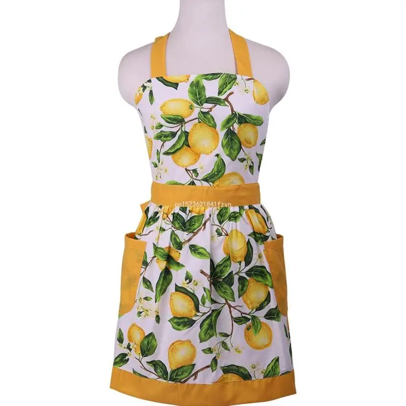 

Green Leaves Lemon Kitchen Apron with Pockets No Sleeve Hanging Neck Waist Strap Dropship