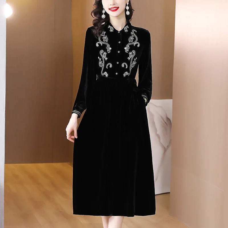 

Женское бархатное платье с вышивкой, зеленое, винно-красное, черное бархатное платье с высокой талией, женская одежда 3xl, 4xl, велюровые платья, весна-осень 2022