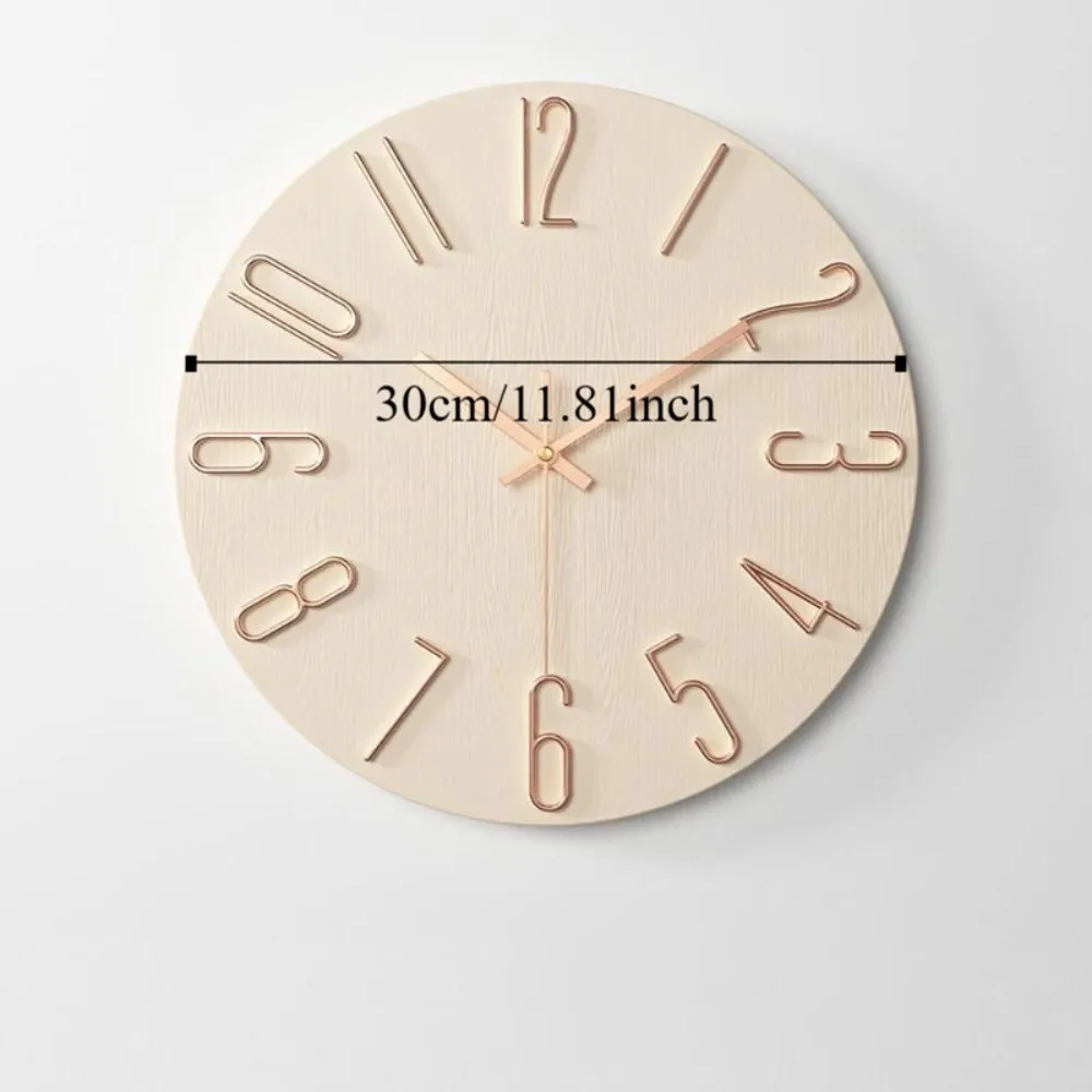 Nordic Fashion 12inch Wall Hanging Clock Silent Round Shape Wood Grain Clock Easy Installation 3D Number Scale Clock Bedroom