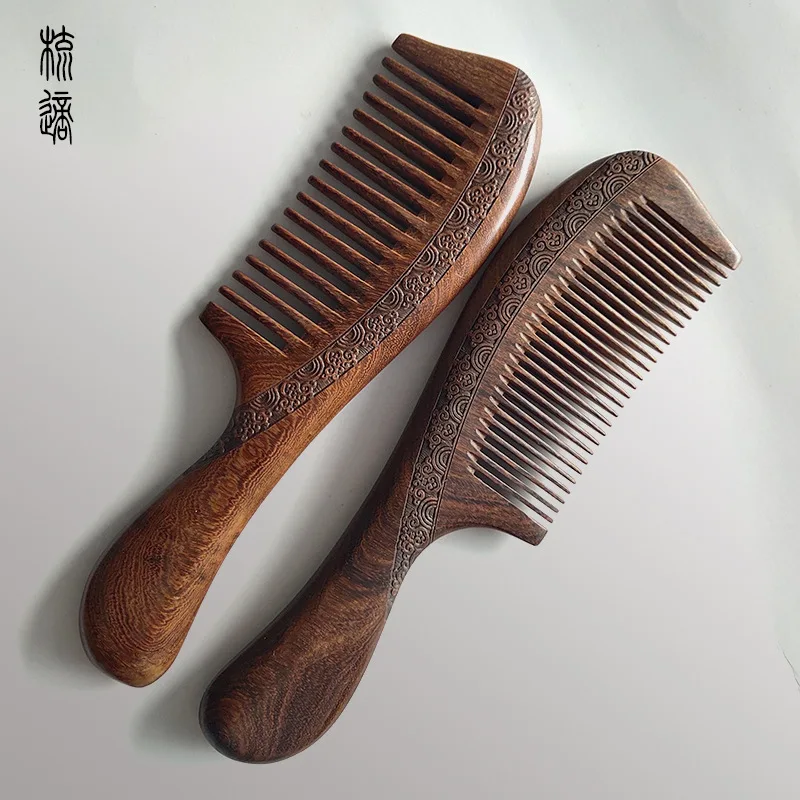 Natural Sandalwood Combs Solid Wood Carving Comb Anti-Static Beard Comb Handicraft Hair Styling Wide Tooth and Narrow Tooth Gift 5
