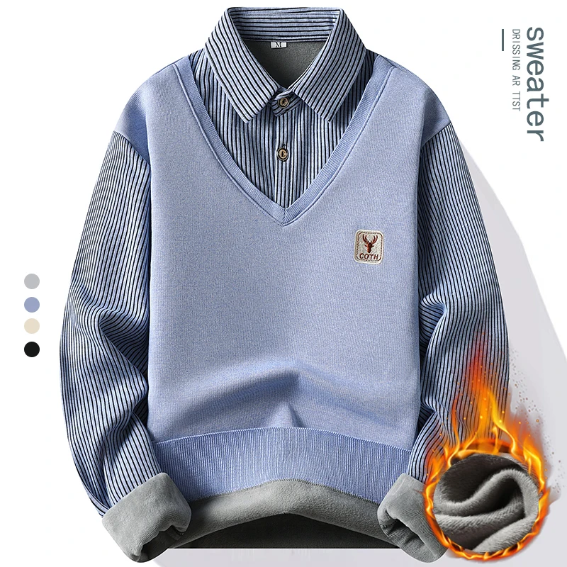 Male Fleece Polo Shirt Men's Pullover Autumn Winter T-shirt Collar Sweaters Cold Blouse Navy Blue Khaki Korean Clothing 3