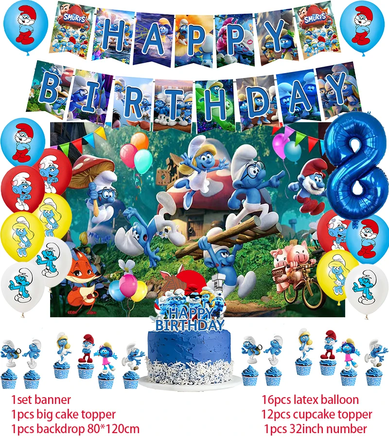 thumbnail image 1 of Decoración para fiesta de cumpleaños de Los Pitufos, pancarta con globos, fondo, adorno para tarta, suministros para fiesta de cumpleaños de Los Pitufos, baby shower, 1 of 5