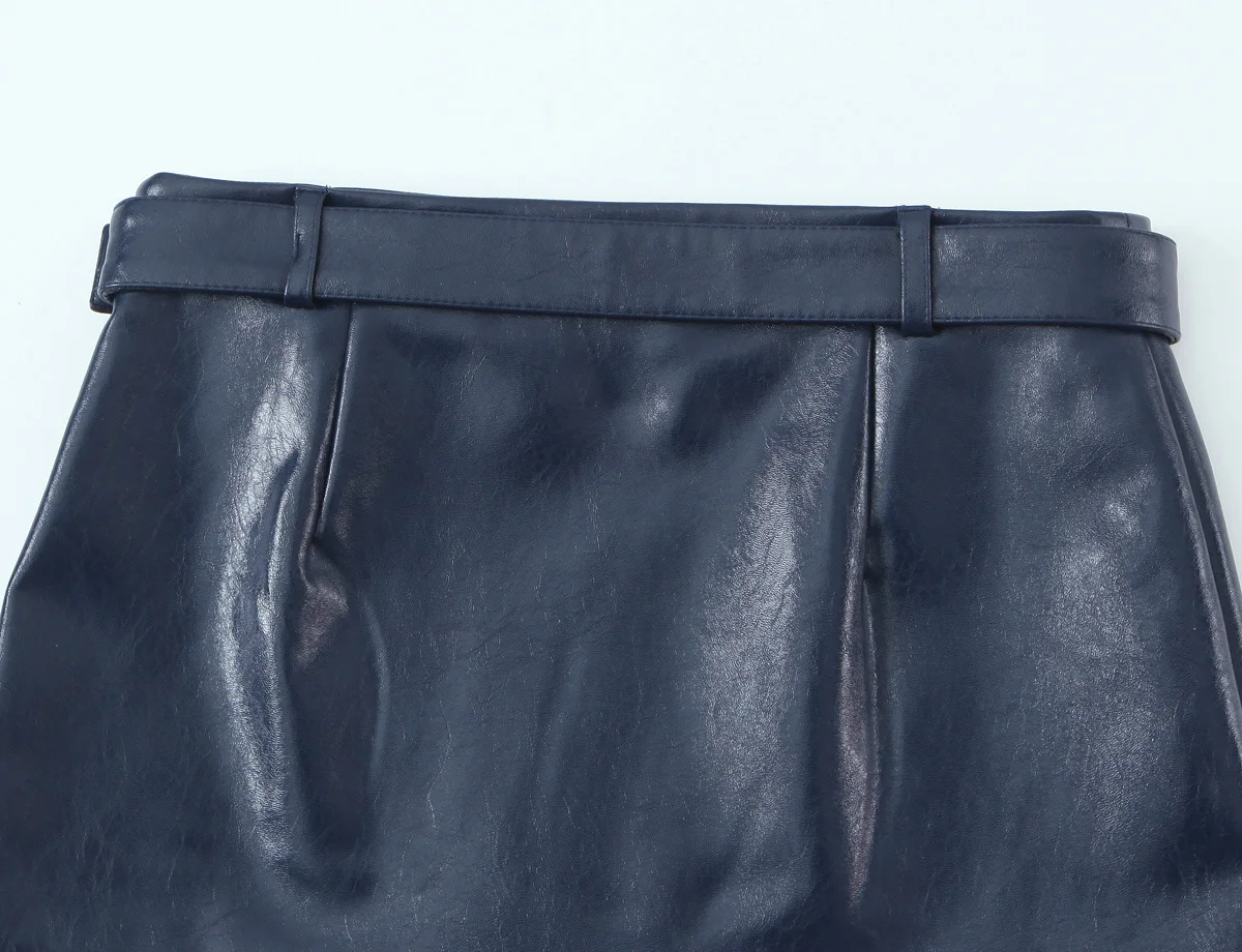 HH Damen Mode Stehkragen Ärmellose Weste mit Reißverschluss und Ledereffekt-Verzierung + Frühlings-Nieten-Gürtel Minirock Zweiteiler-Set – Detail 23