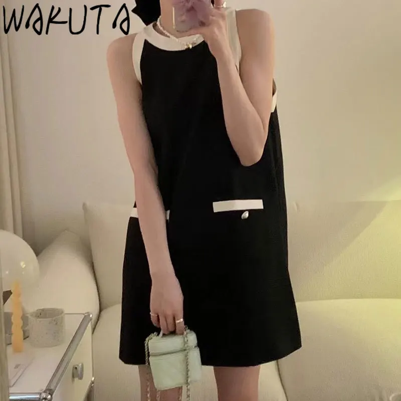 

WAKUTA Contrast Color Sleeveless Tank Dress Summer Korean Style 2024 Simple Vintage Loose Back Bow Loose Mini Dresses Elegance