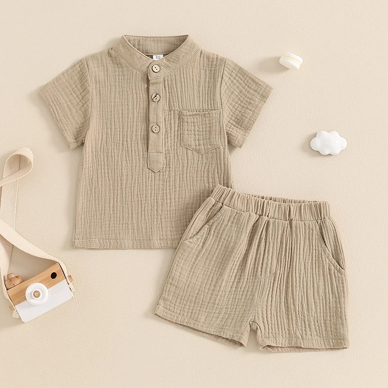 FOCUSNORM 0-4Y Little Boys Summer Gentleman Clothes Sets Solid Short Sleeve Tops Elastic Waist Shorts