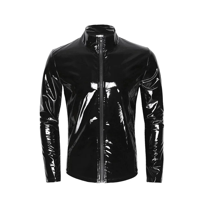 New Men Zipper Cardigan Stand-up Neck Shirt PVC Glossy Patent Leather Sexy Tight Stretch Latex Outerwear Male Motorbike Clothing vatlty 4 3cm hard tactical belt for men 1100d tight nylon alloy automatic buckle military gun belt ipsc airsoft belt girdle male