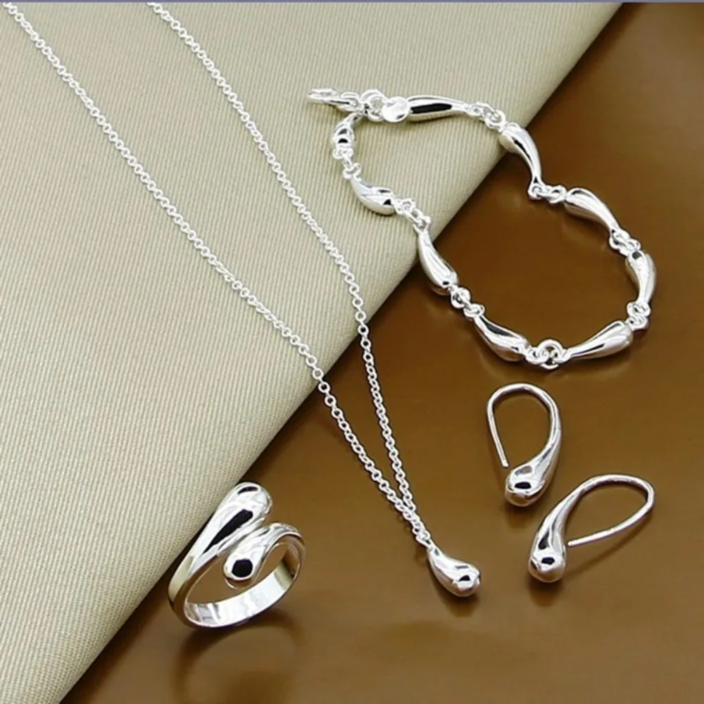 

CHUANGCHENG 925 Sterling Silver Waterdrop Link Chain Necklace Bracelets Earrings for Women Ring Fashion Jewelry Set
