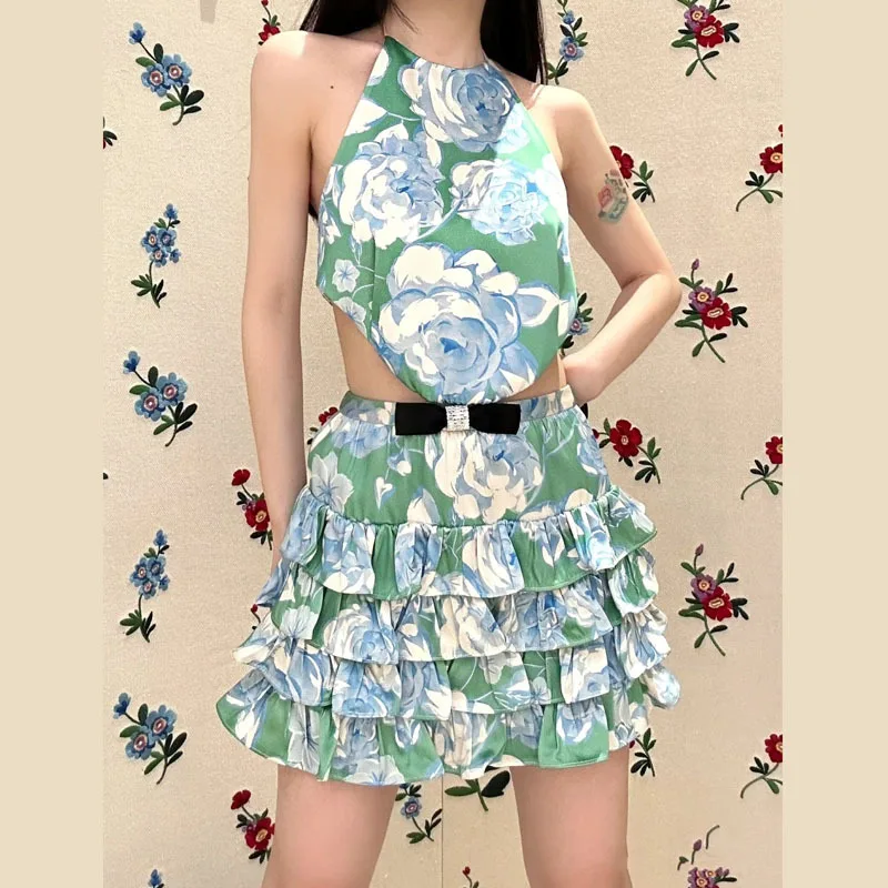 

High Fashion Print Bow Sweetly Hanging Neck Off Waist Ruffles Edge A-Line Cake Mini Dress 2023 Summer Beach Holiday Clothes