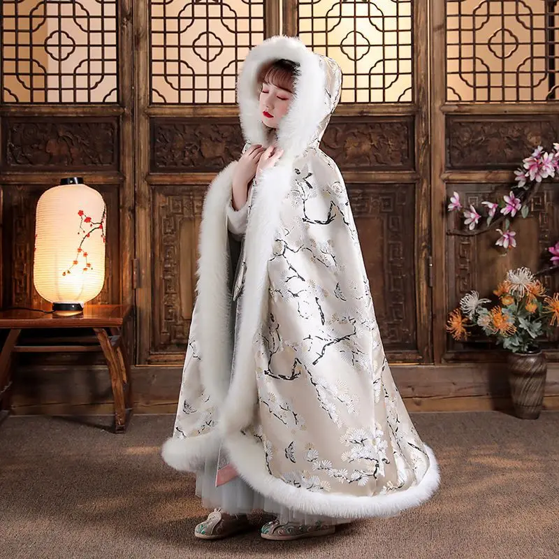 

New Year's Wear Hanfu Quilted Hooded Girl's Warm Cape Winter New Embroidery Thicken Cloak Chinese Children Ancient Mantle Kids