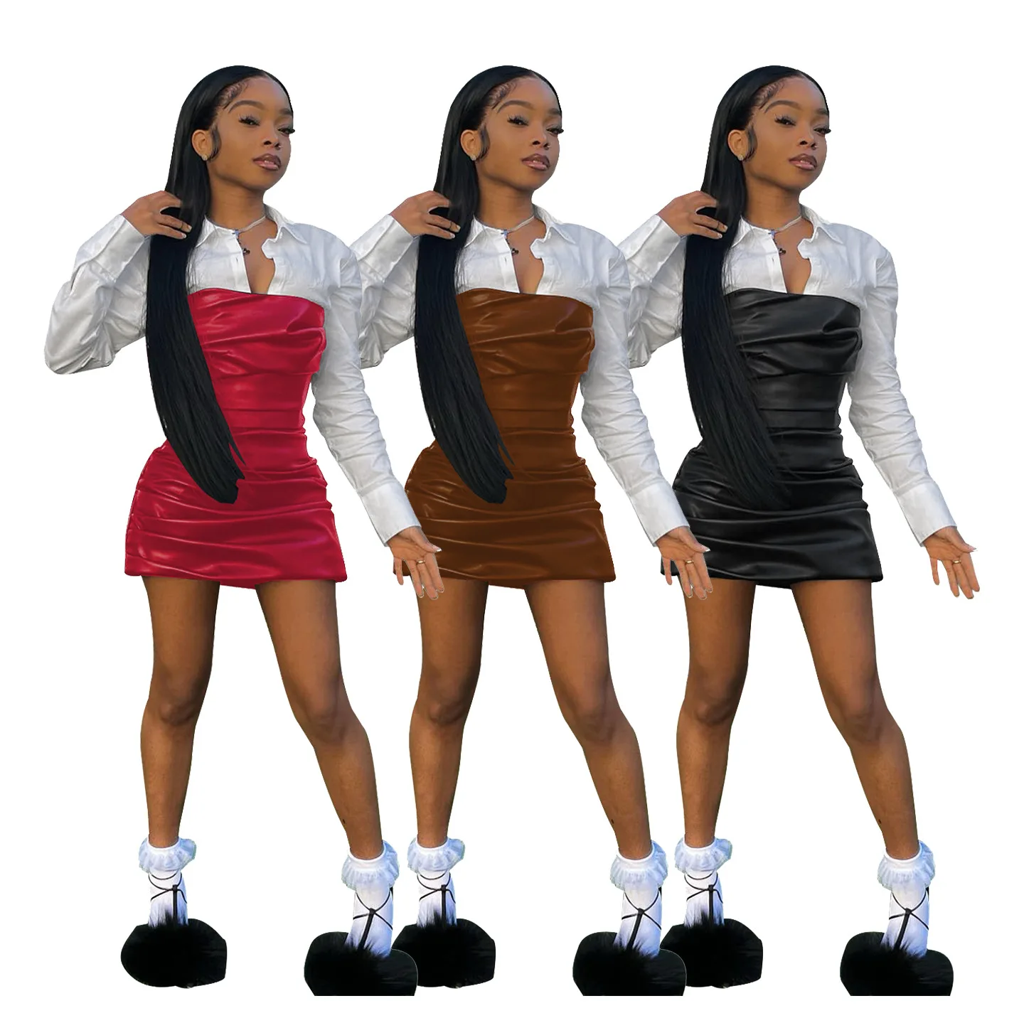 

Vintage Women Spliced Leather Shirt Dress Fashion Pleated Long Sleeves Turn Down Neck Buttons Sexy Party Dress for Ladies Autumn