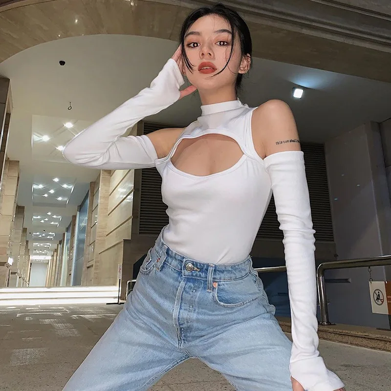 

Bodysuits New Sexy Hollow Off Shoulder Slim Semi High Collar Long Sleeve Bottomed One-piece Shirt Bustier