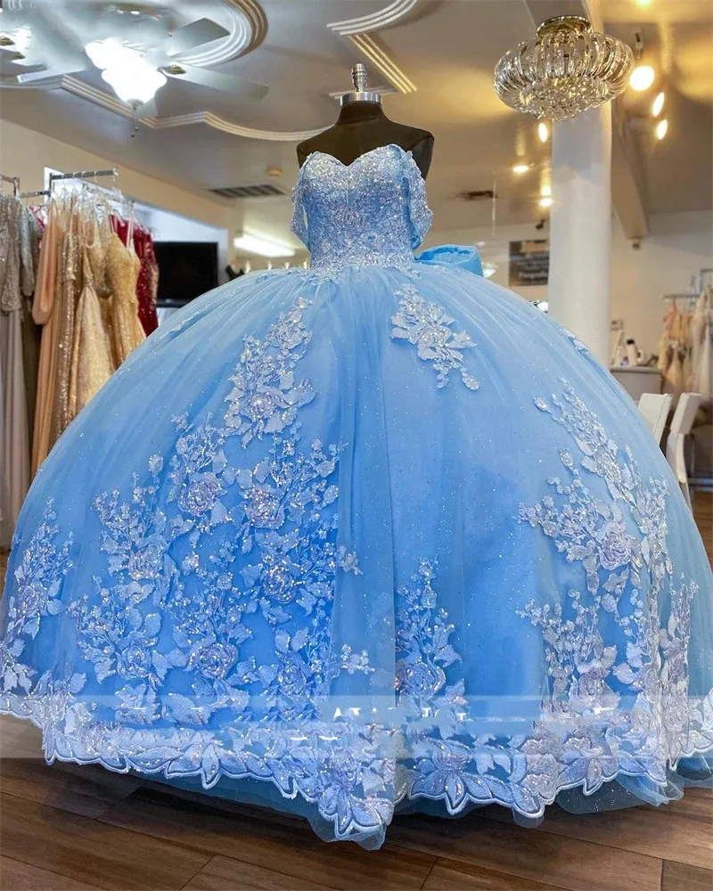 Real Image Sky Blue Ball Gown Quinceanera Dress Beaded Birthday Prom Dresses Appliques Graduation Gown Vestido De 15 Hot