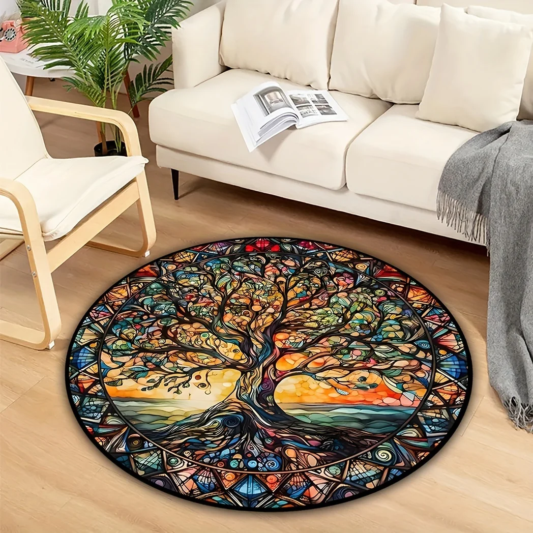 1 Piece, Short Velvet Slip Mat, Creative 3D Tree Of Life Pattern Circular Soft Anti Fouling Floor Mat For Living Room, Bedroom