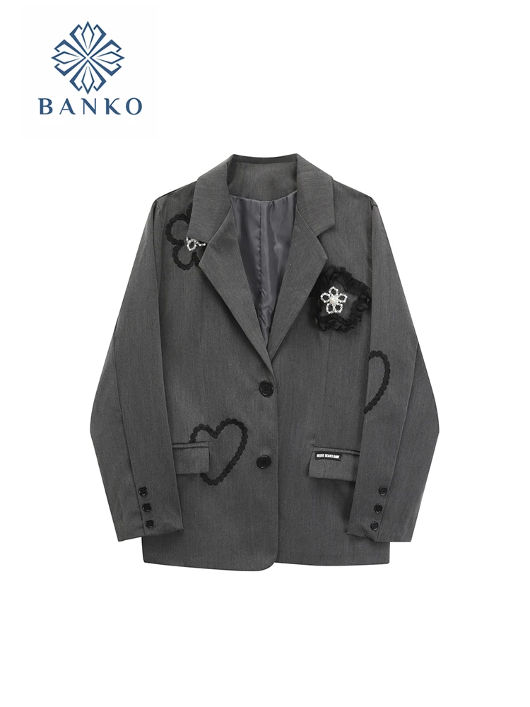 

Elegant Long Sleeve Embroidery Blazer Autumn Winter Office Lady Casual Korean V-Neck Grey Suit Jacket Single Breasted Outerwear