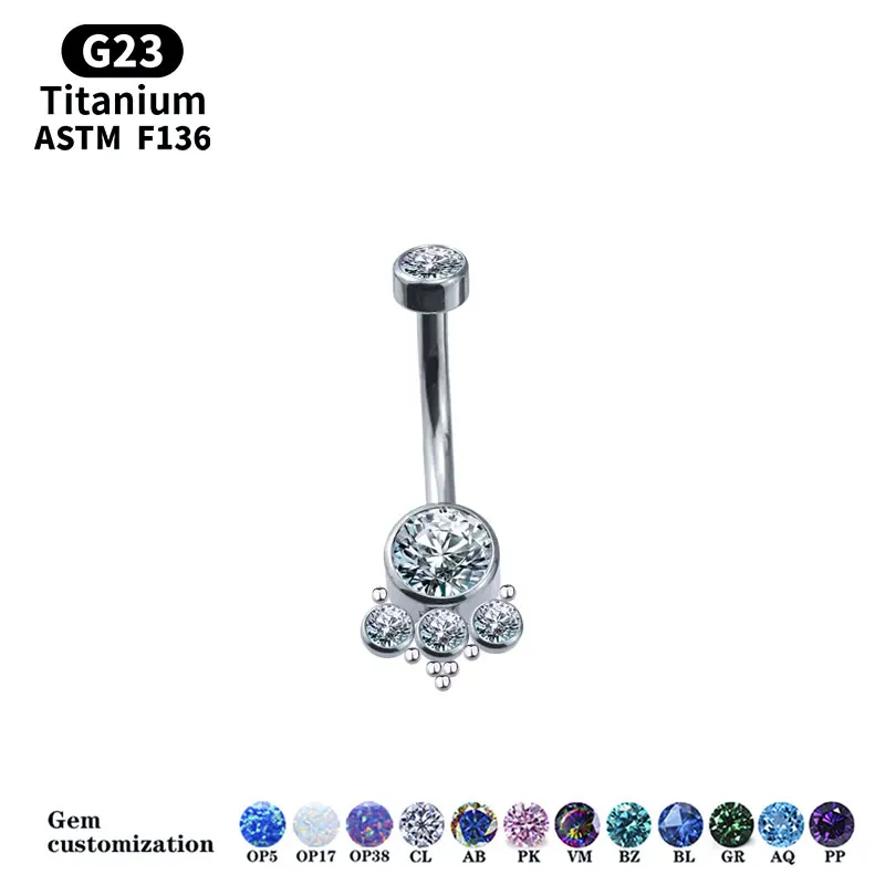 ASTM F136 Titanium Belly Button Rings 5 CZ Internally Threaded Navel