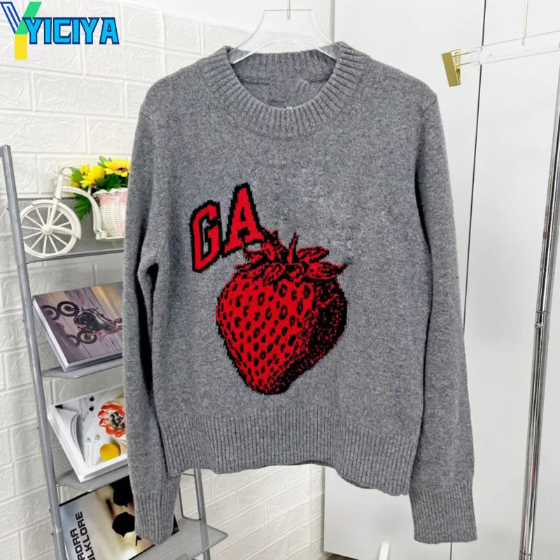 

YICIYA GA brand strawberry Graphic O-neck Pullover For Women Y2k Long Sleeve Tops Knitwears casual Letter Female sweater 2024