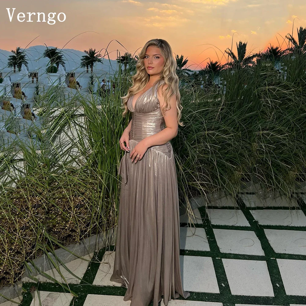 Verngo Brown Shiny Evening Dress V Neck Sleeveless A Line Prom Gowns Women Elegant Prom Party Gowns Customized 1