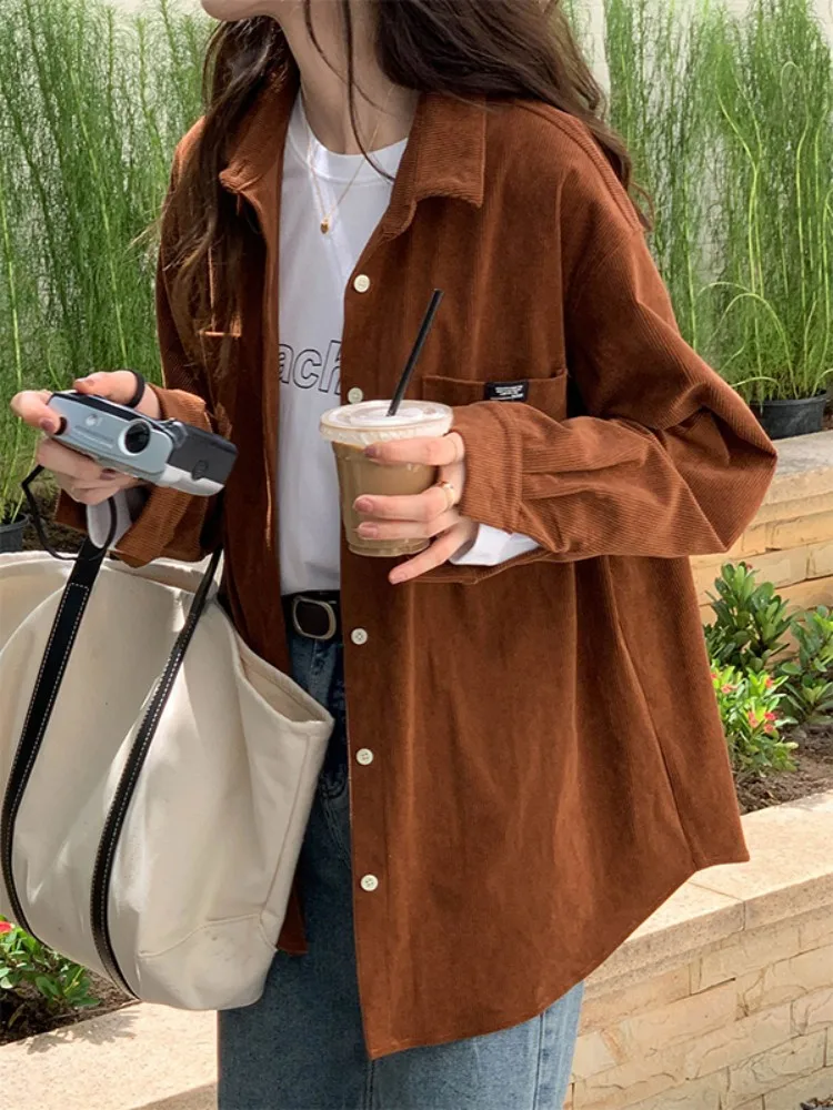 

8Colors 2023 Autumn Winter Korean Style Turn down collar Long Sleeve Shirt Corduroy Loose Blouse Female Outwear tops (X2159